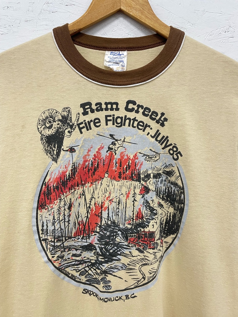 Rare 1985 Skookumchuck, BC, Ram Creek Forest Fire Ringer Tee, Size L/Fits S